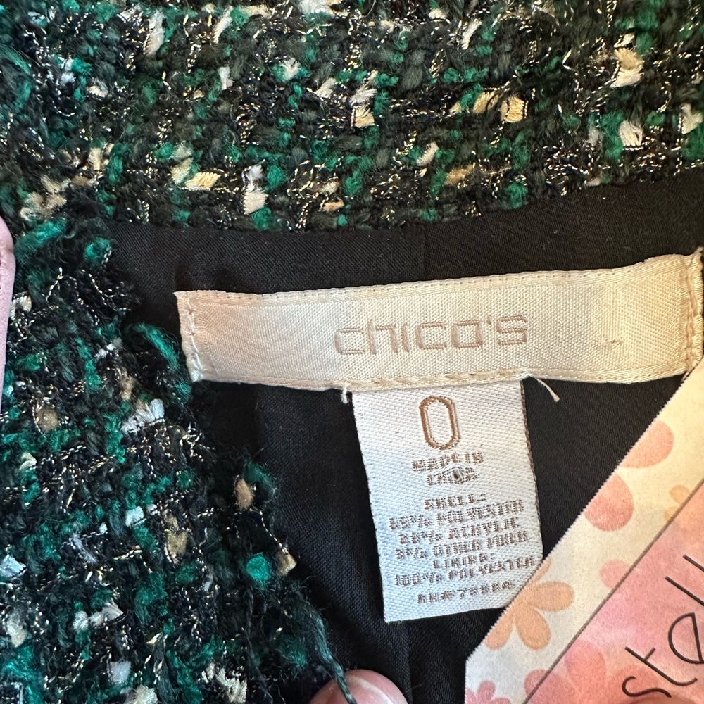 Chicos Tweed Jacket US Sz 4/6 Emerald Green Gold Open Front Jacket - Picture 3 of 4